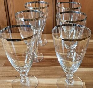 6 Vintage Mid Century Platinum Rim Water Goblets Silver Trim Glass Stemware